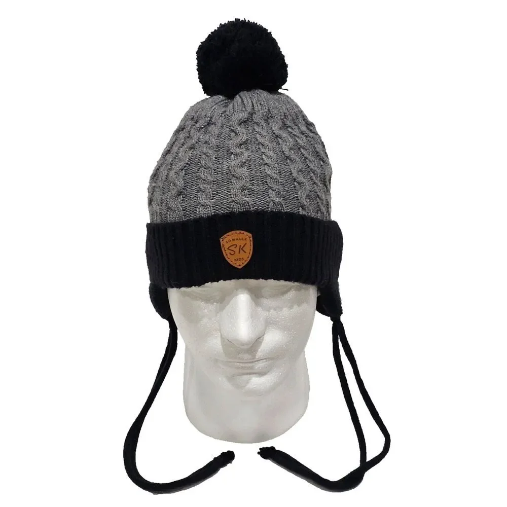 Somaler‎ Kids SK Beanie Toque (Strings & Pom Pom) Gray Black One Size Fits Most